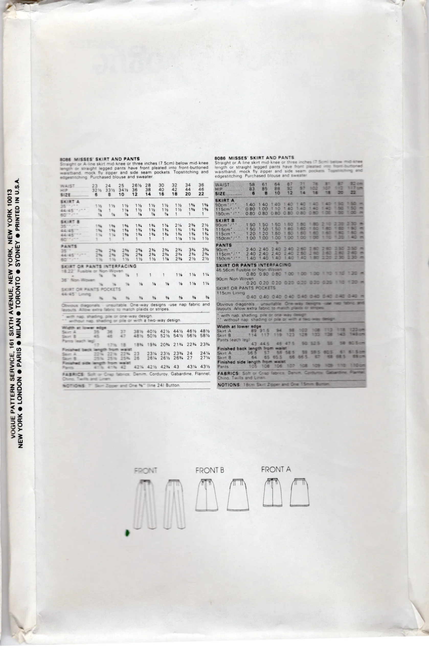 1980's Vogue Straight or A-line Line Skirt and Pants Pattern - Waist 32-36" - No. 8086