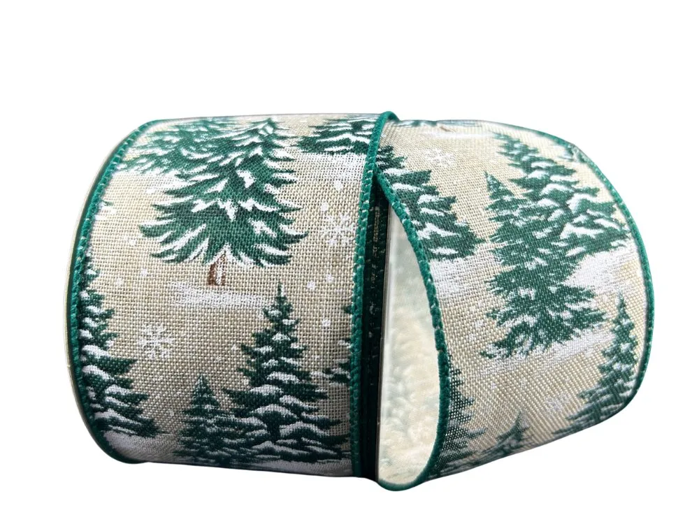 2.5" Natural Ribbon w/ Snowy Pine Trees - 10Yds