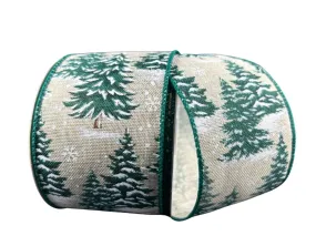 2.5" Natural Ribbon w/ Snowy Pine Trees - 10Yds