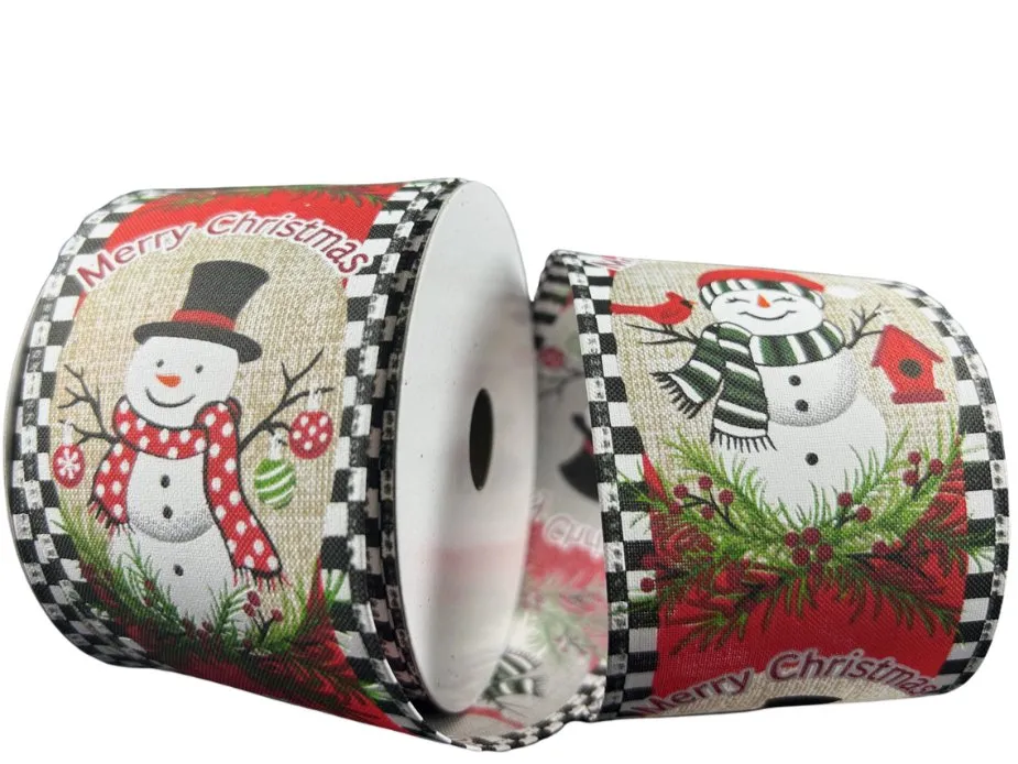 2.5" Natural Snowman Ribbon with B/W Check Border - 10yds