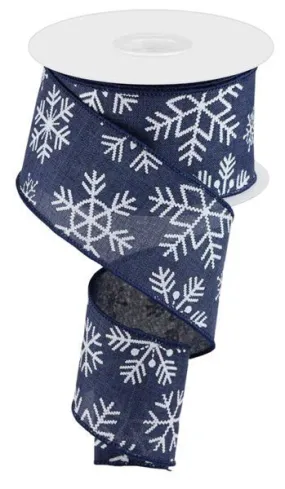 2.5" Snowflakes on Linen Ribbon: Navy - 10yds