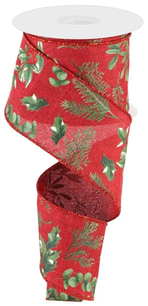 2.5" Winter Foliage Ribbon: Red/Grn - 10yds