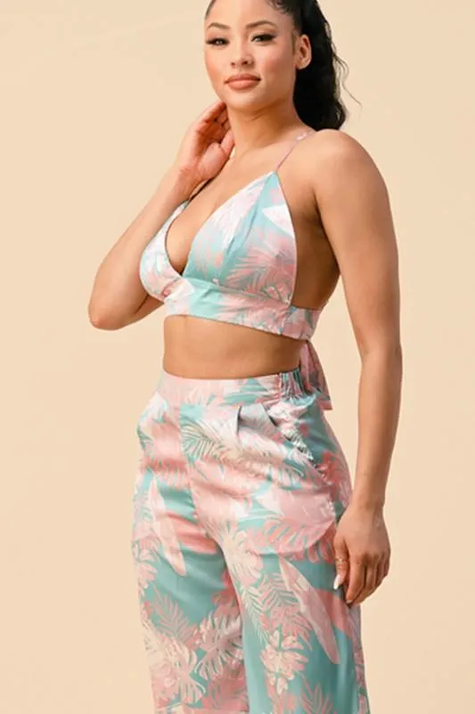 2pc set- tropical satin bralette & high waist pants