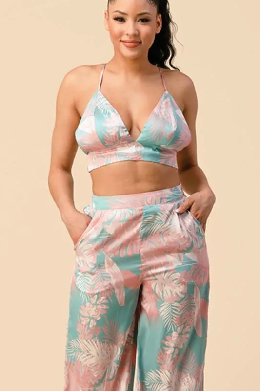 2pc set- tropical satin bralette & high waist pants