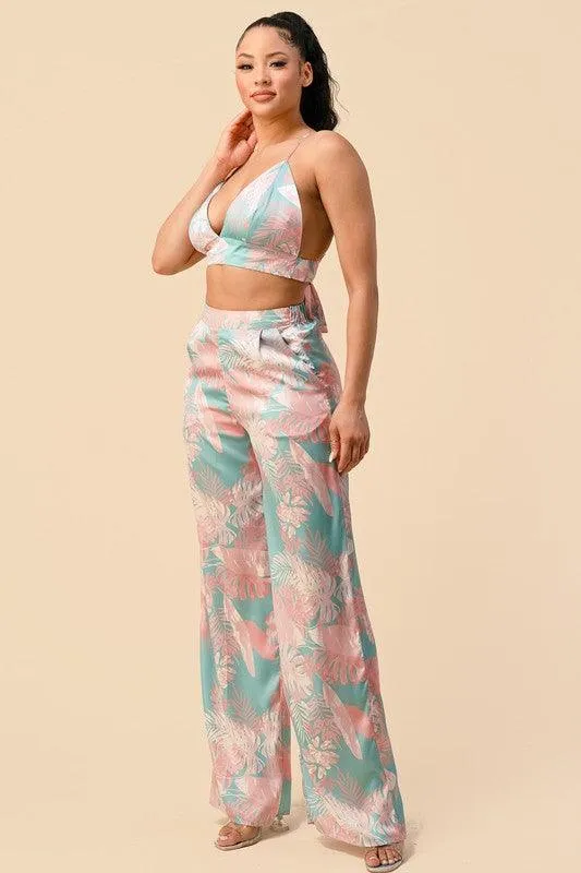 2pc set- tropical satin bralette & high waist pants