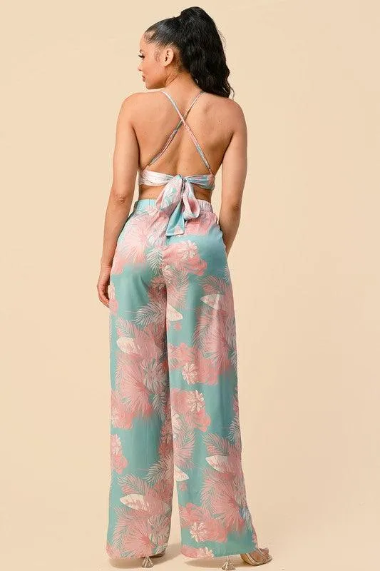 2pc set- tropical satin bralette & high waist pants