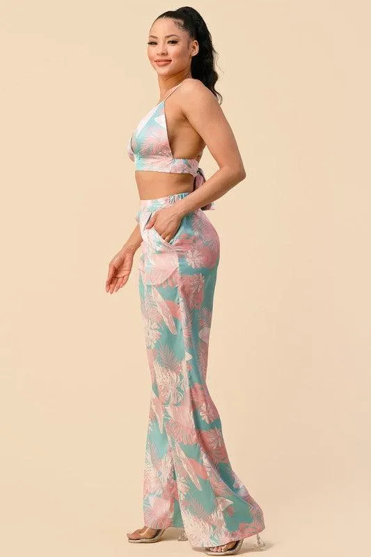 2pc set- tropical satin bralette & high waist pants