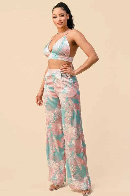 2pc set- tropical satin bralette & high waist pants
