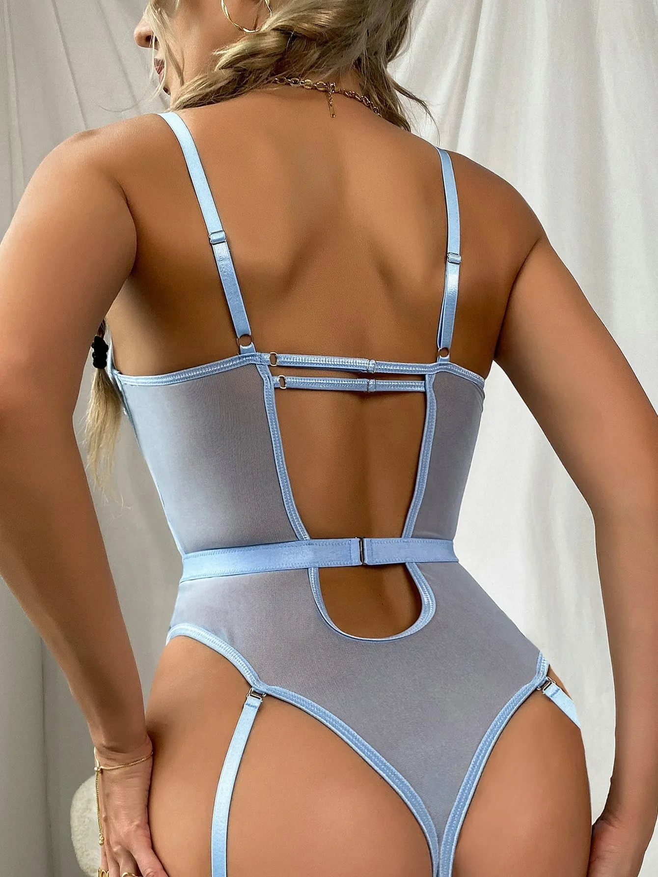 3Pcs Floral Embroidery Mesh Underwire Teddy Bodysuit