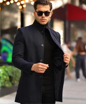 [Adam] Navy Blue Single-Breasted Pea Coat 100% Wool