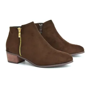 Alberto Zip Up Ankle Boots With Low Block Heel in Brown Faux Suede