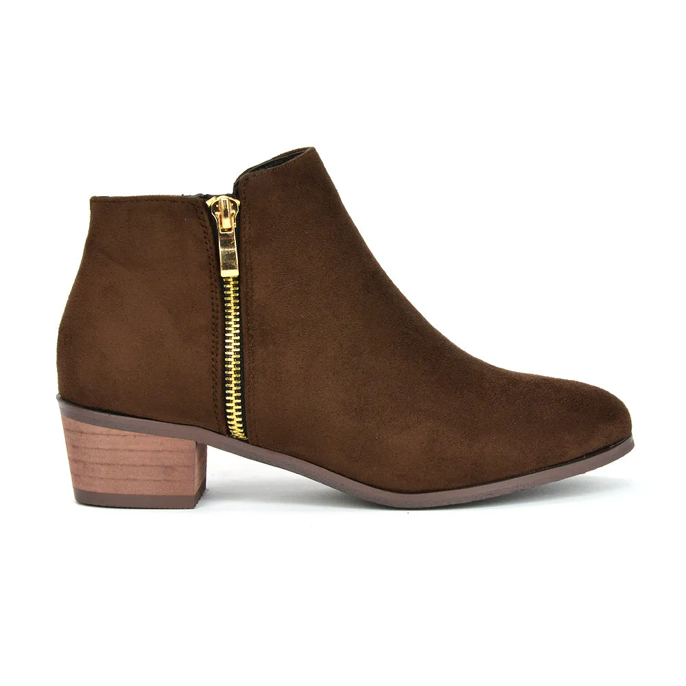 Alberto Zip Up Ankle Boots With Low Block Heel in Brown Faux Suede