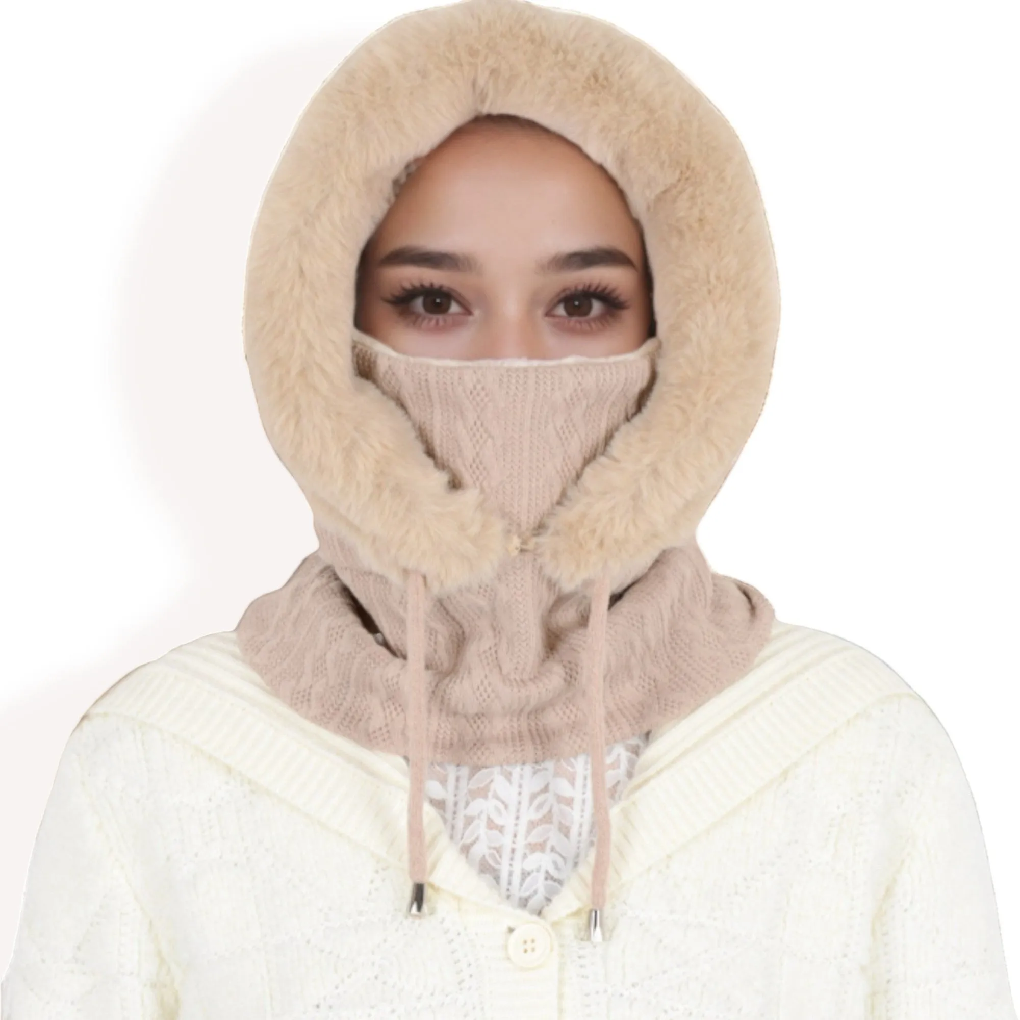 Anna-Kaci Women's Faux Fur Lined Knit Hooded Scarf with Adjustable Drawstring and Full Coverage for Winter Warmth