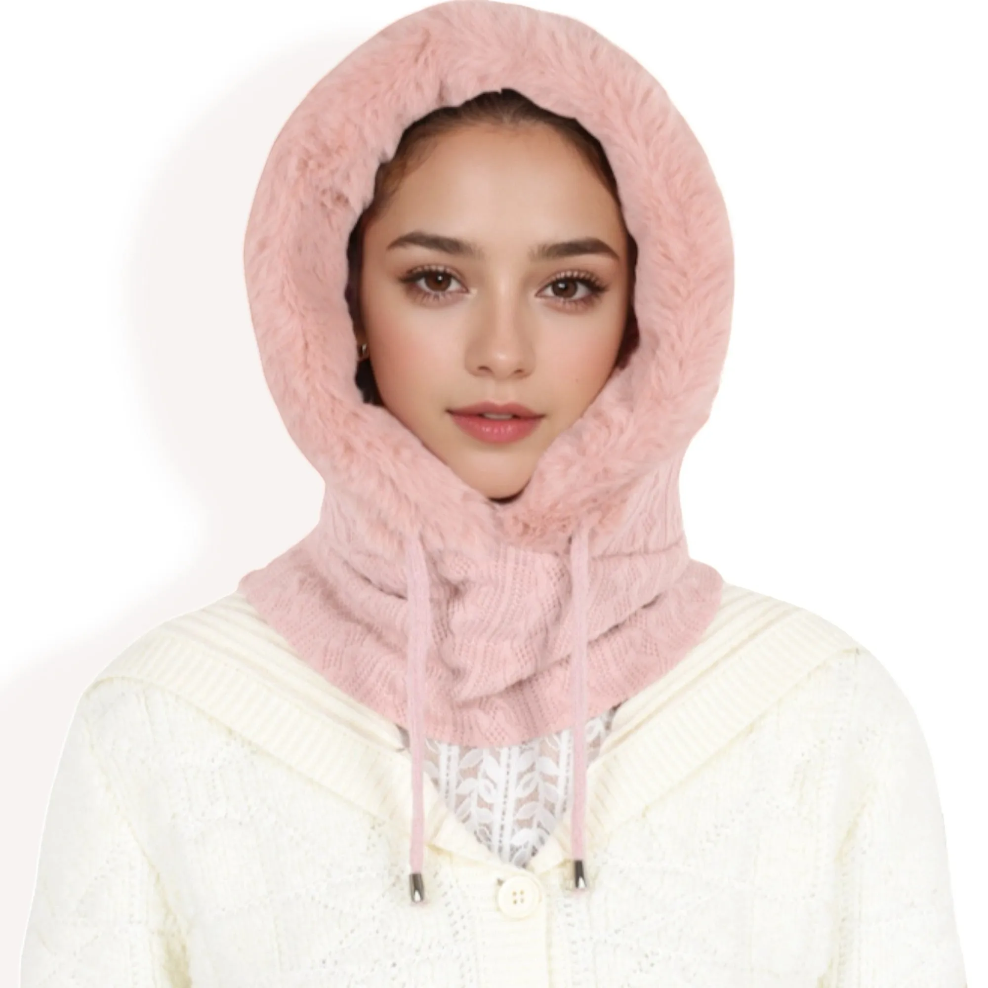 Anna-Kaci Women's Faux Fur Lined Knit Hooded Scarf with Adjustable Drawstring and Full Coverage for Winter Warmth