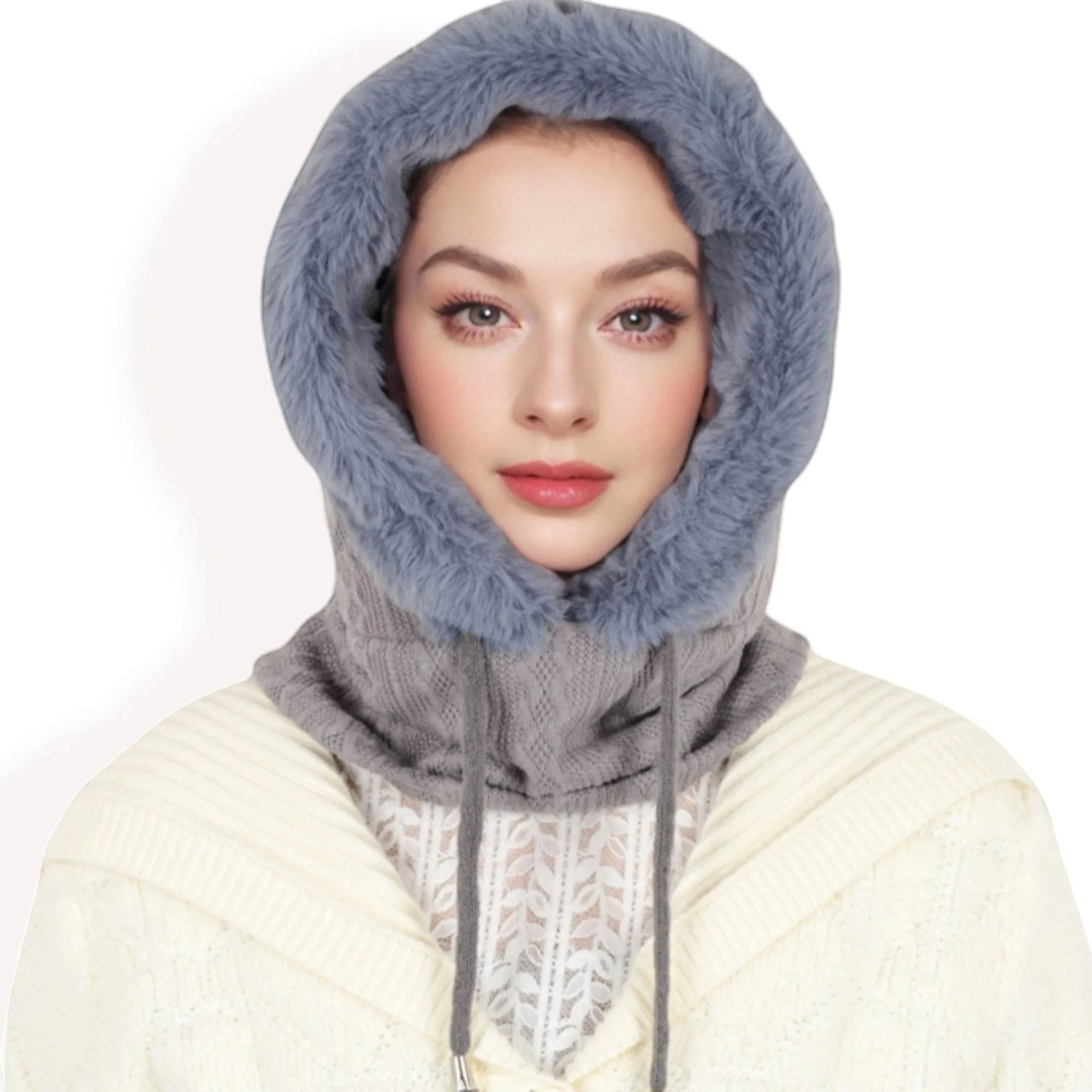 Anna-Kaci Women's Faux Fur Lined Knit Hooded Scarf with Adjustable Drawstring and Full Coverage for Winter Warmth