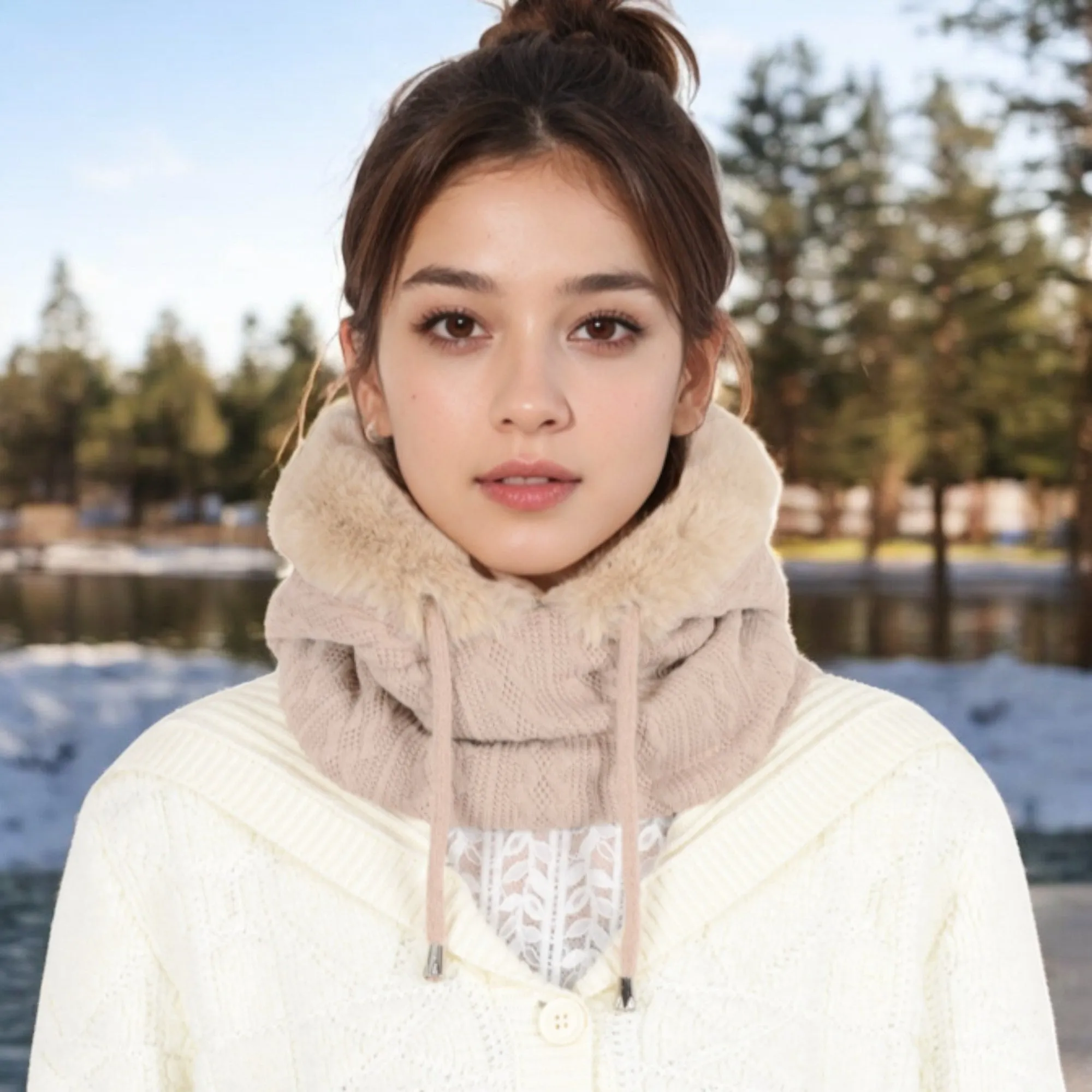 Anna-Kaci Women's Faux Fur Lined Knit Hooded Scarf with Adjustable Drawstring and Full Coverage for Winter Warmth