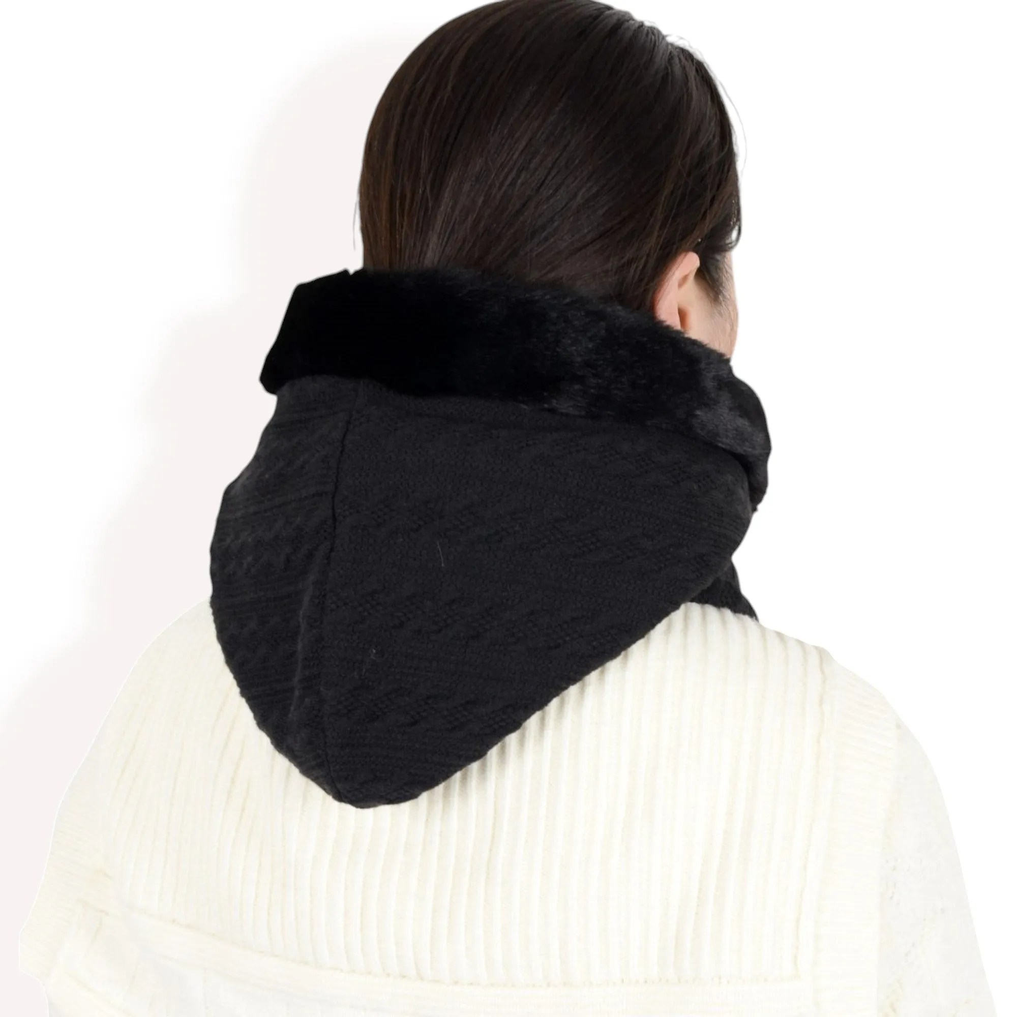 Anna-Kaci Women's Faux Fur Lined Knit Hooded Scarf with Adjustable Drawstring and Full Coverage for Winter Warmth