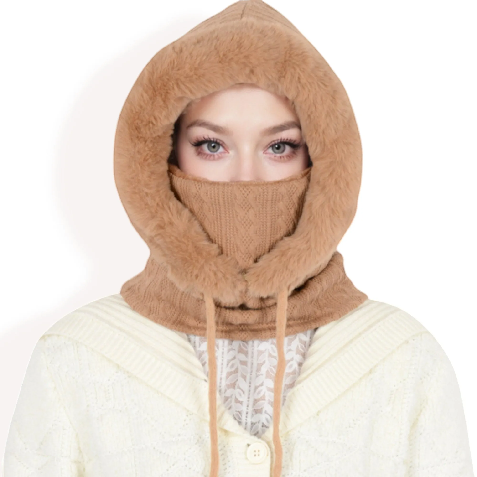 Anna-Kaci Women's Faux Fur Lined Knit Hooded Scarf with Adjustable Drawstring and Full Coverage for Winter Warmth