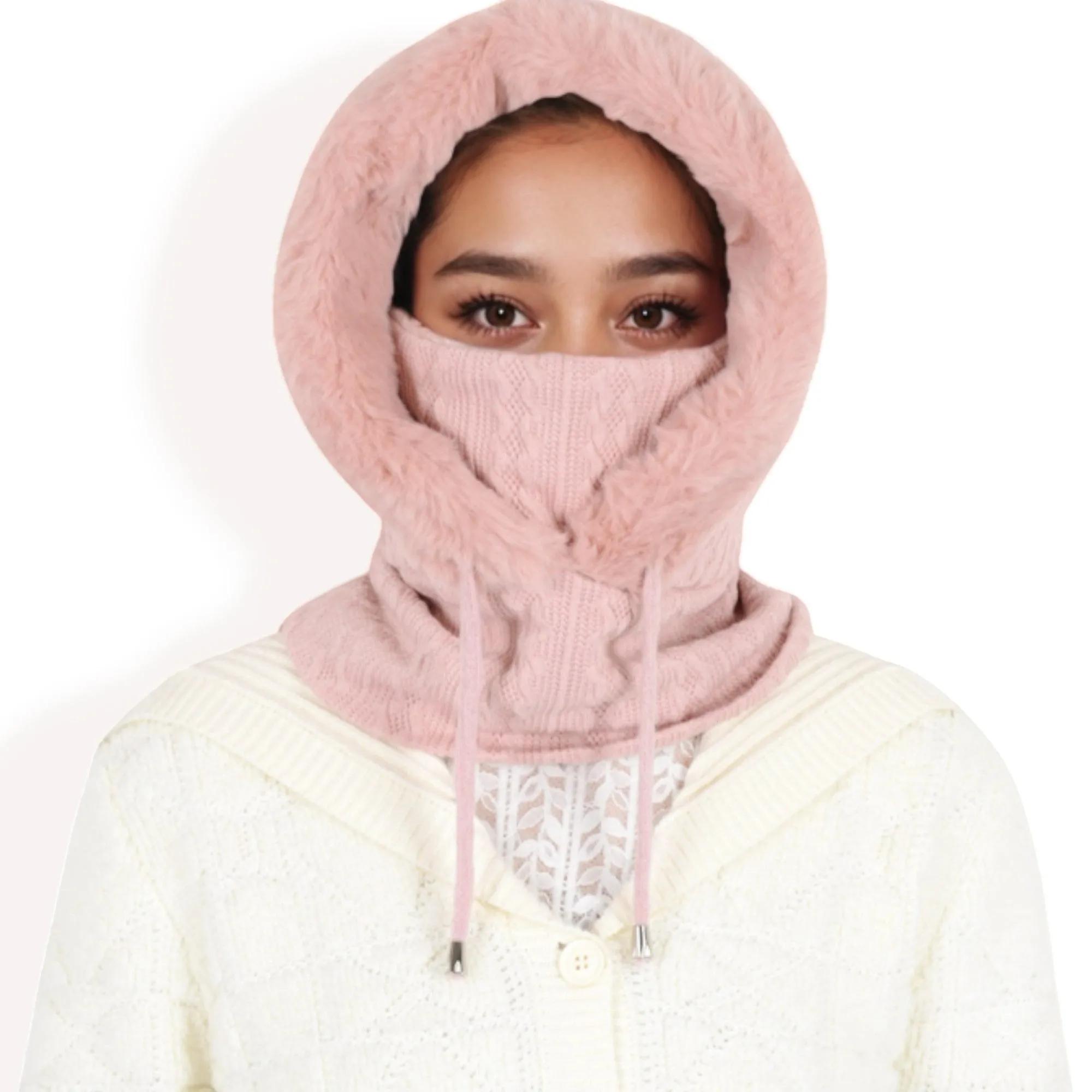 Anna-Kaci Women's Faux Fur Lined Knit Hooded Scarf with Adjustable Drawstring and Full Coverage for Winter Warmth