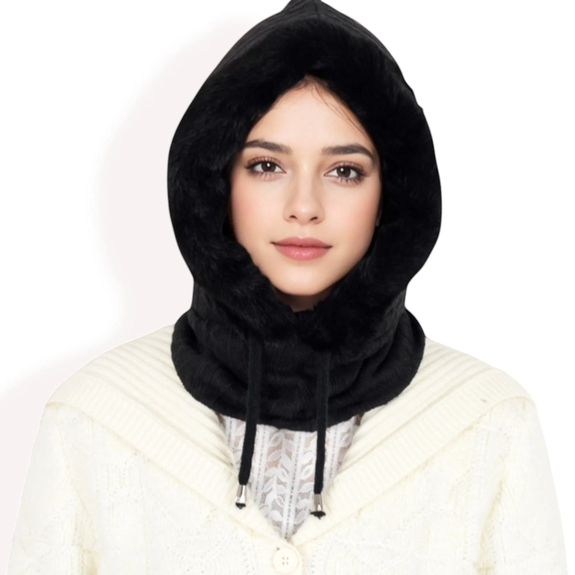 Anna-Kaci Women's Faux Fur Lined Knit Hooded Scarf with Adjustable Drawstring and Full Coverage for Winter Warmth