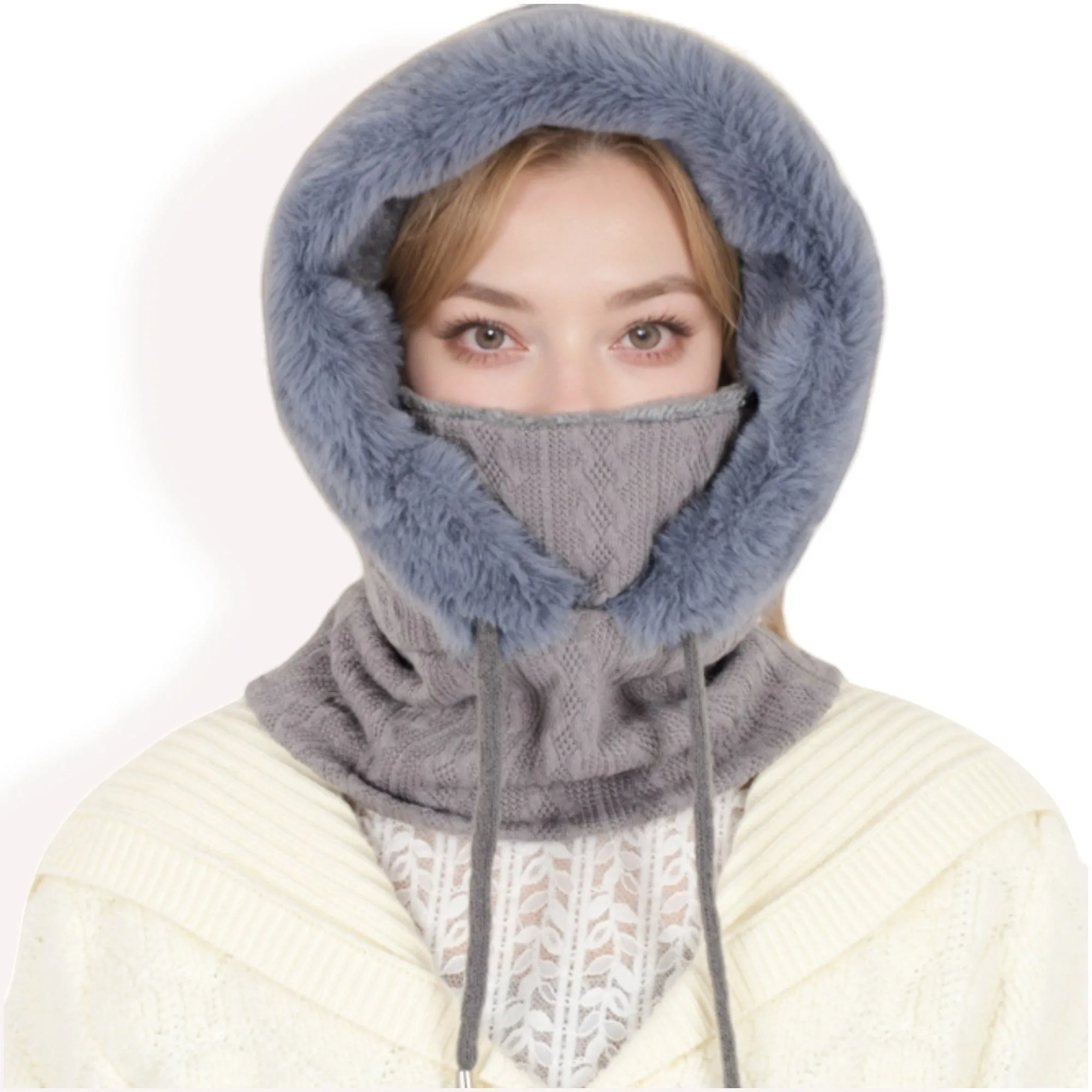 Anna-Kaci Women's Faux Fur Lined Knit Hooded Scarf with Adjustable Drawstring and Full Coverage for Winter Warmth