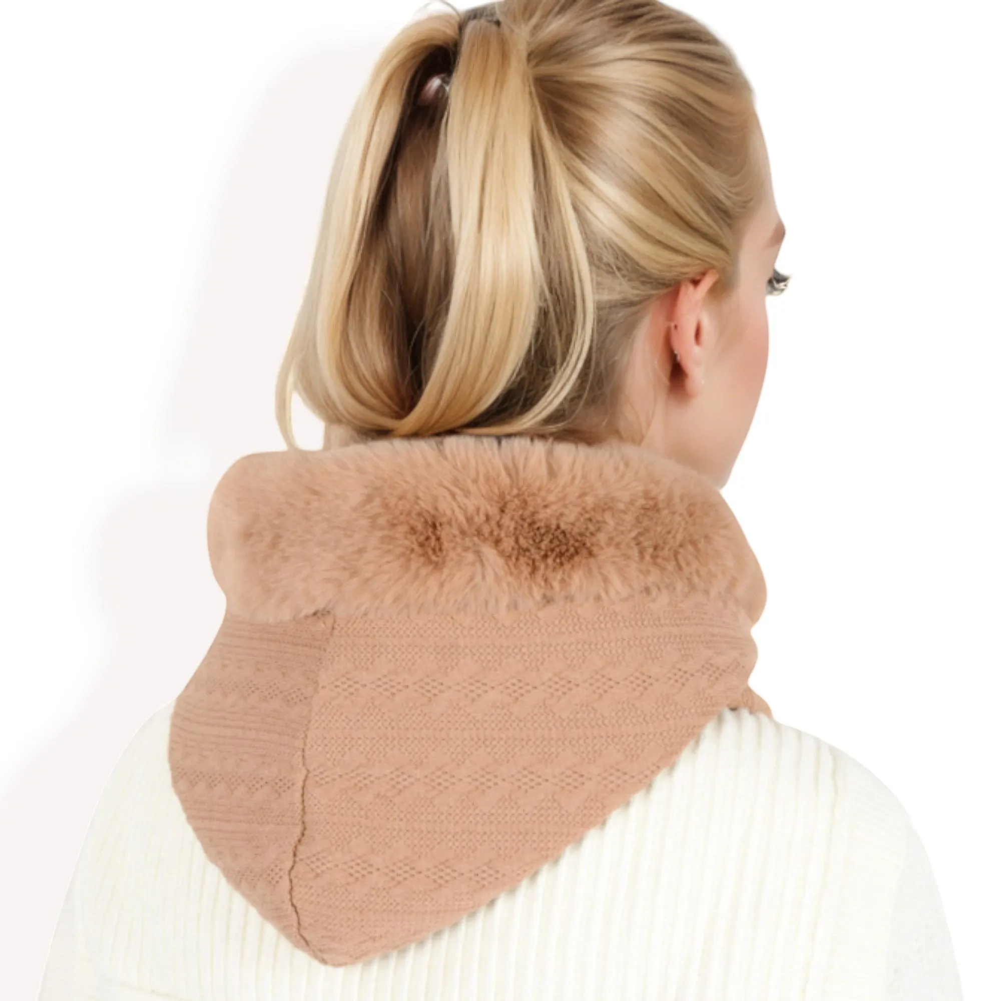 Anna-Kaci Women's Faux Fur Lined Knit Hooded Scarf with Adjustable Drawstring and Full Coverage for Winter Warmth