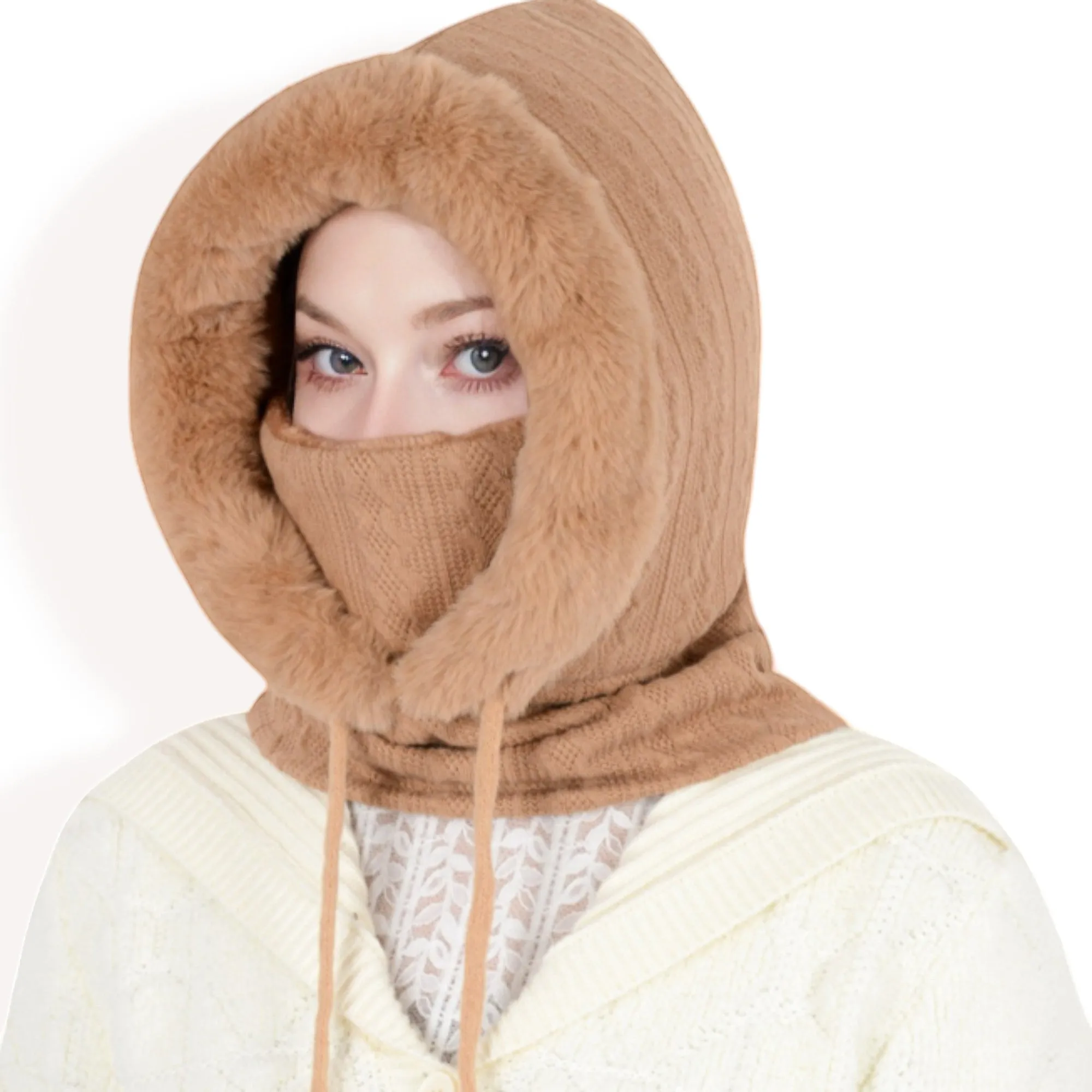Anna-Kaci Women's Faux Fur Lined Knit Hooded Scarf with Adjustable Drawstring and Full Coverage for Winter Warmth