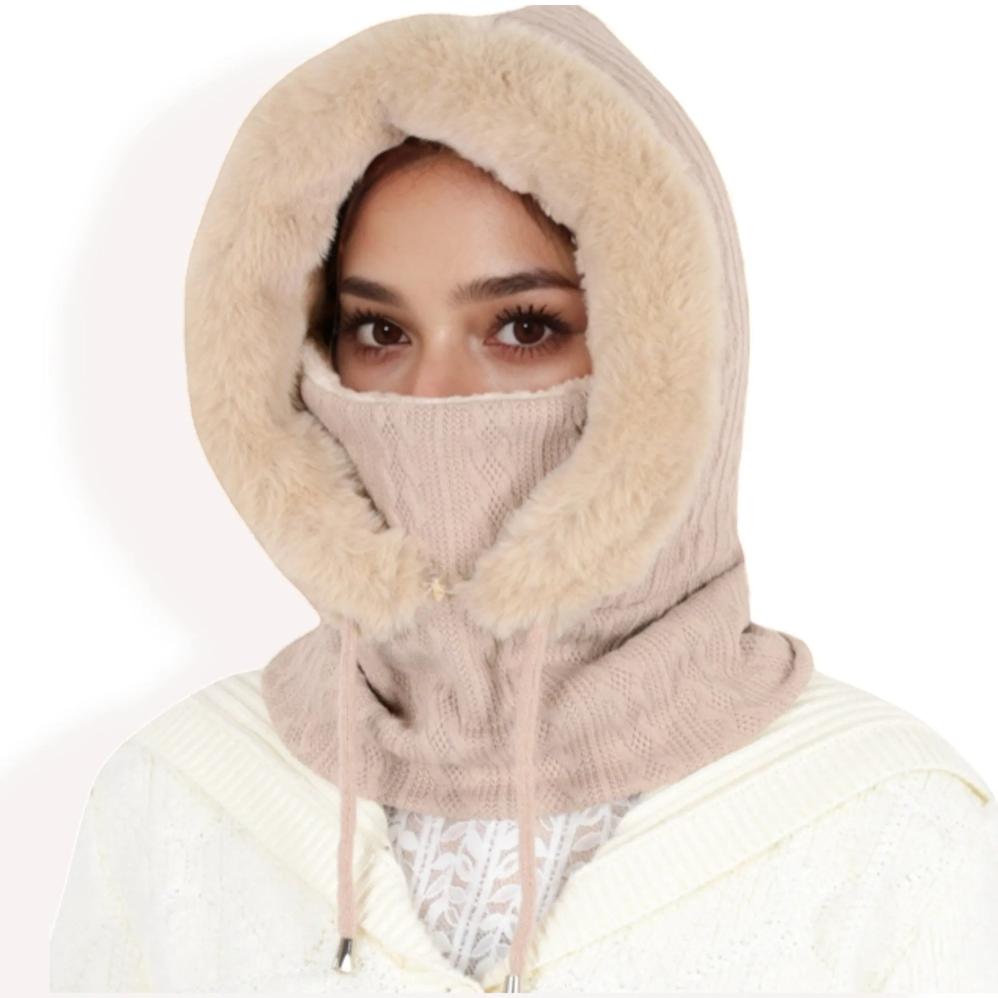 Anna-Kaci Women's Faux Fur Lined Knit Hooded Scarf with Adjustable Drawstring and Full Coverage for Winter Warmth