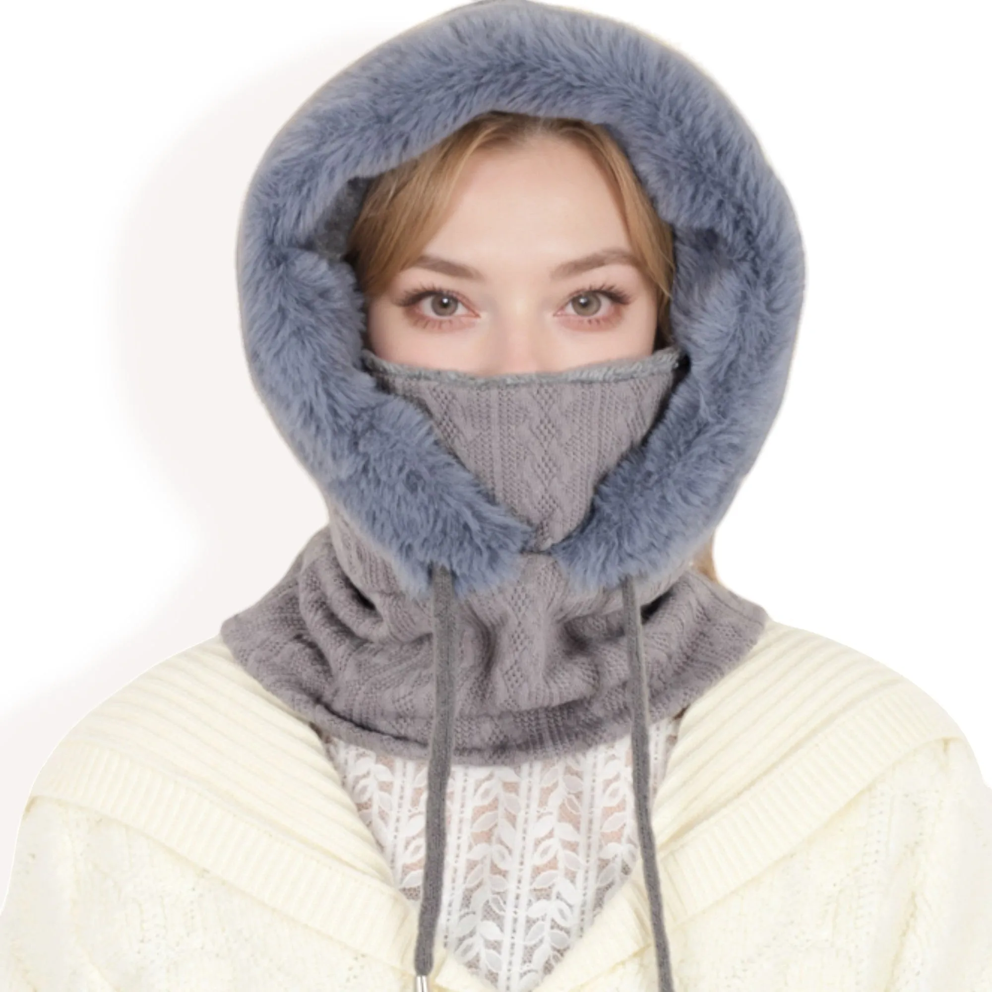 Anna-Kaci Women's Faux Fur Lined Knit Hooded Scarf with Adjustable Drawstring and Full Coverage for Winter Warmth