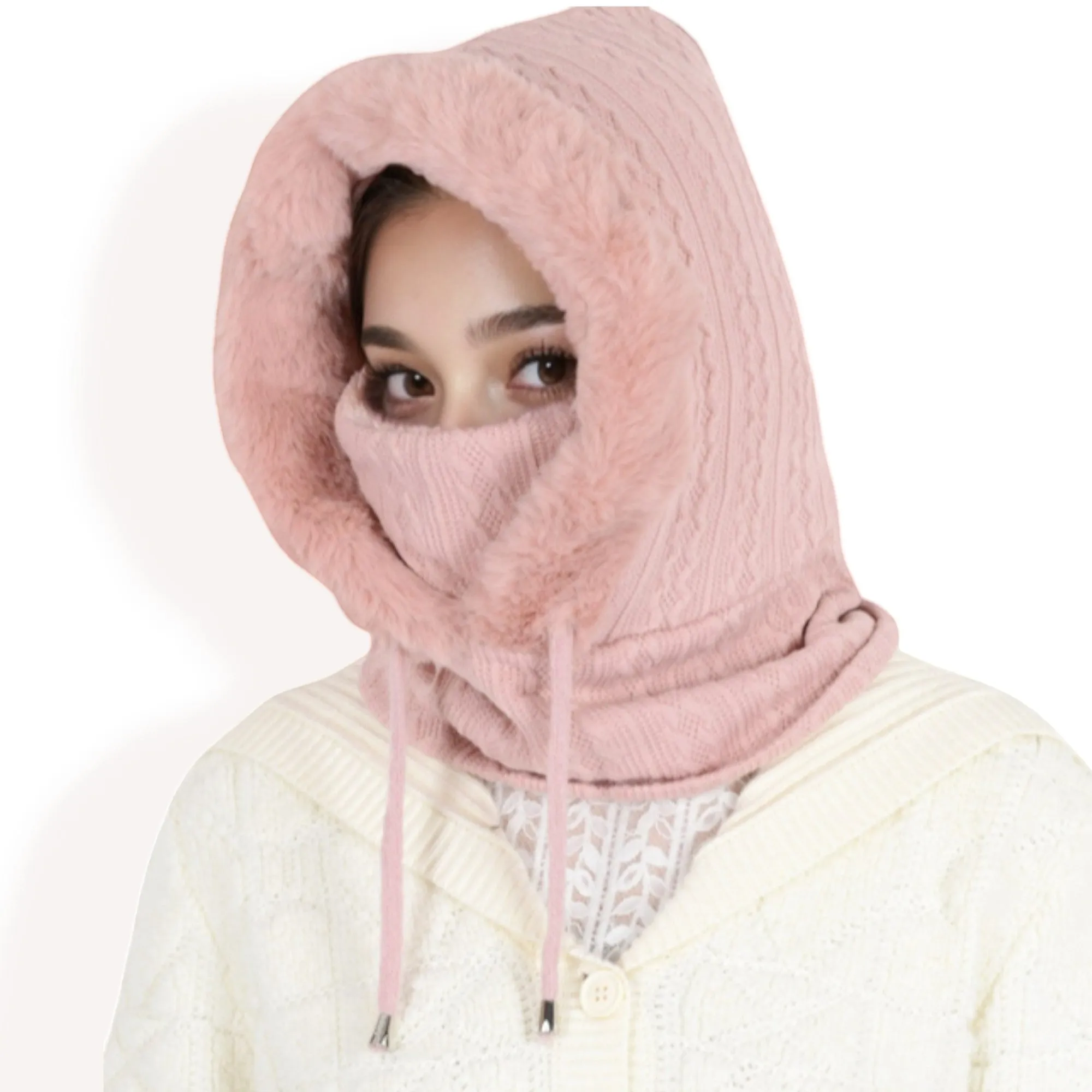 Anna-Kaci Women's Faux Fur Lined Knit Hooded Scarf with Adjustable Drawstring and Full Coverage for Winter Warmth