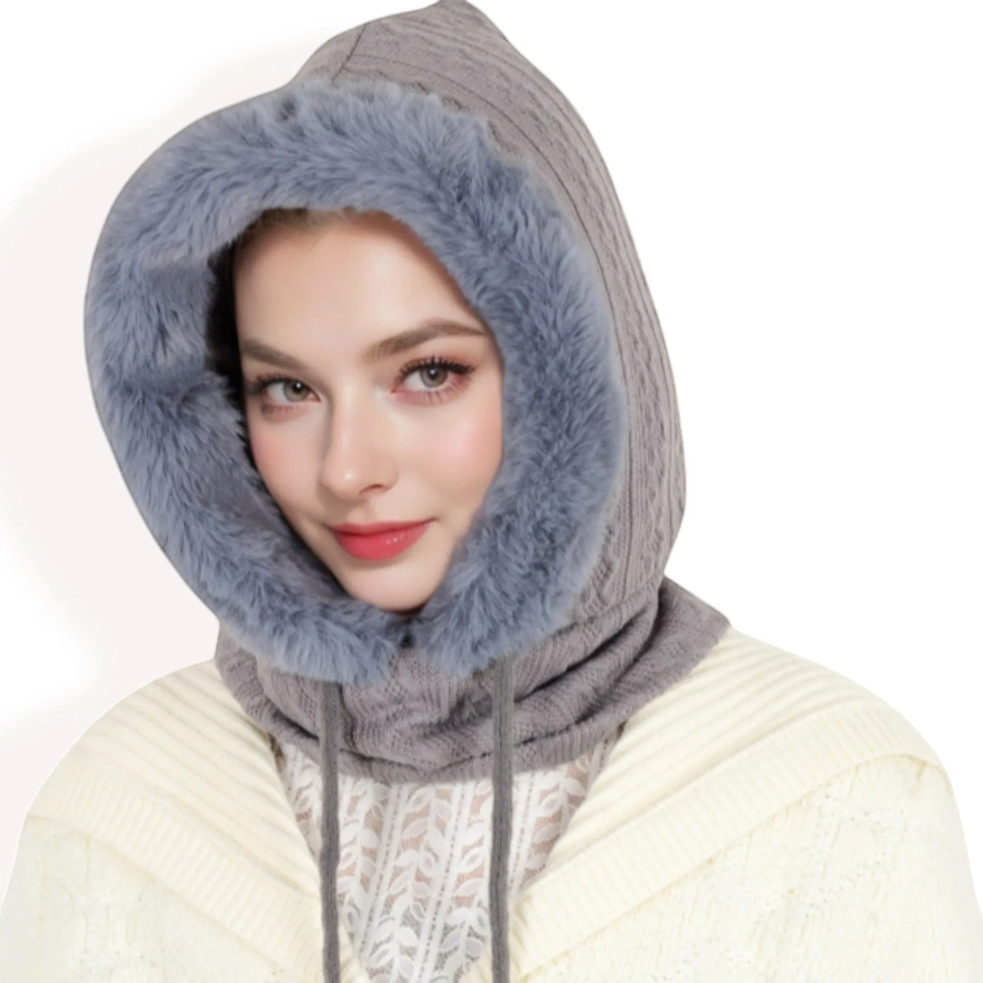 Anna-Kaci Women's Faux Fur Lined Knit Hooded Scarf with Adjustable Drawstring and Full Coverage for Winter Warmth