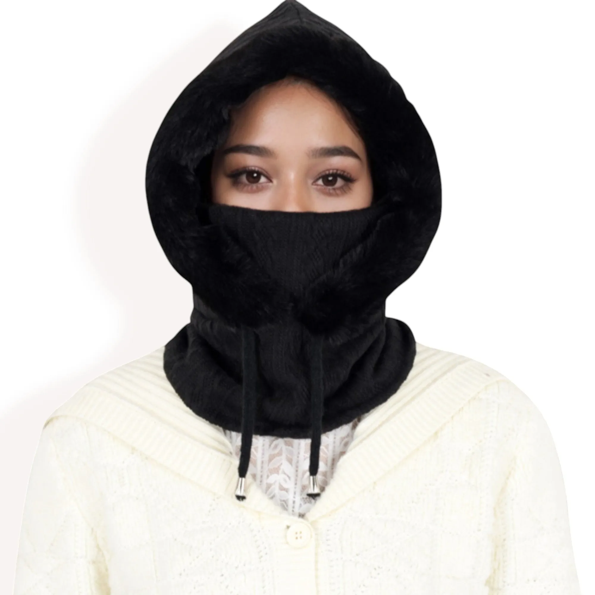 Anna-Kaci Women's Faux Fur Lined Knit Hooded Scarf with Adjustable Drawstring and Full Coverage for Winter Warmth