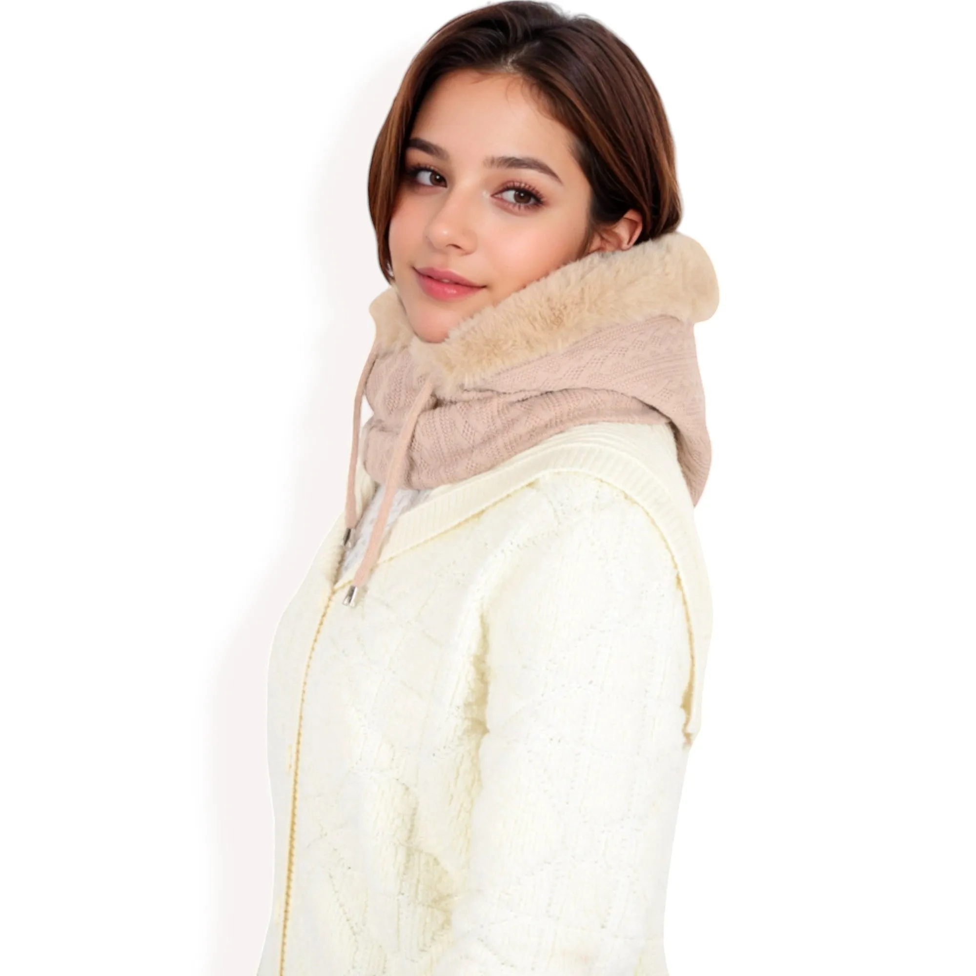 Anna-Kaci Women's Faux Fur Lined Knit Hooded Scarf with Adjustable Drawstring and Full Coverage for Winter Warmth