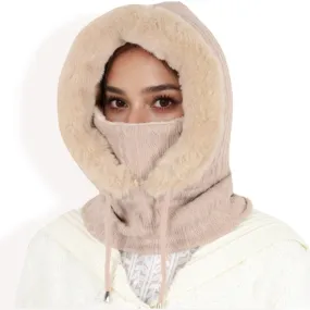 Anna-Kaci Women's Faux Fur Lined Knit Hooded Scarf with Adjustable Drawstring and Full Coverage for Winter Warmth