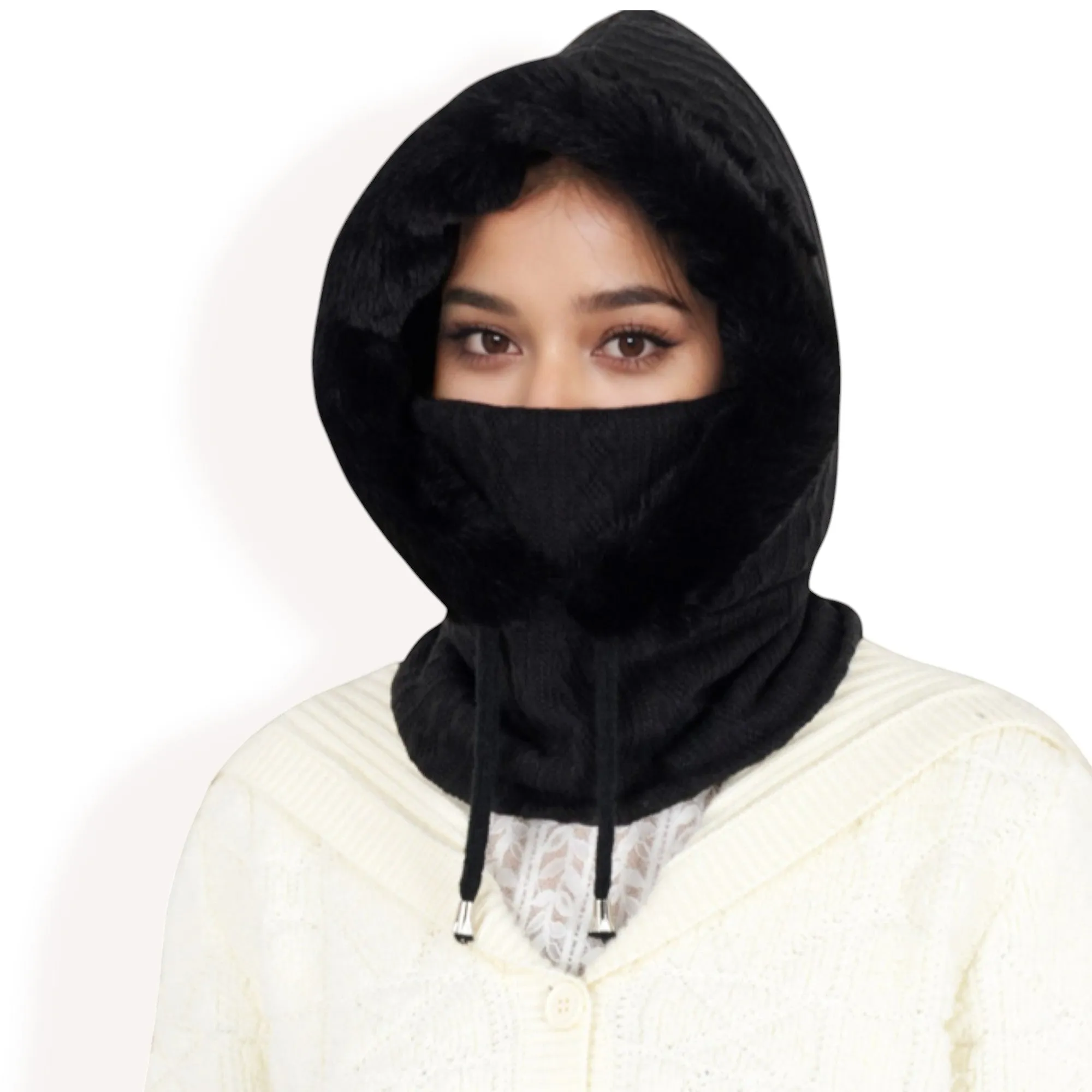 Anna-Kaci Women's Faux Fur Lined Knit Hooded Scarf with Adjustable Drawstring and Full Coverage for Winter Warmth