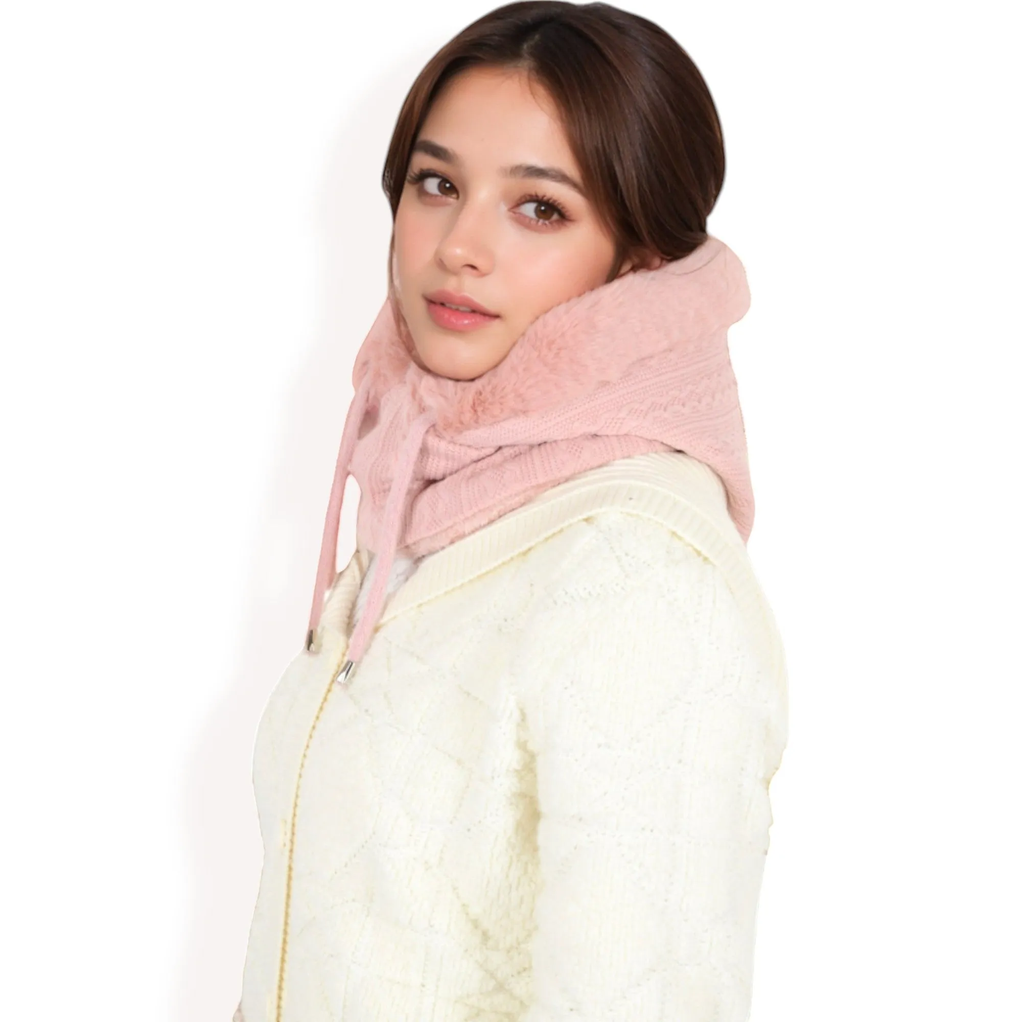 Anna-Kaci Women's Faux Fur Lined Knit Hooded Scarf with Adjustable Drawstring and Full Coverage for Winter Warmth
