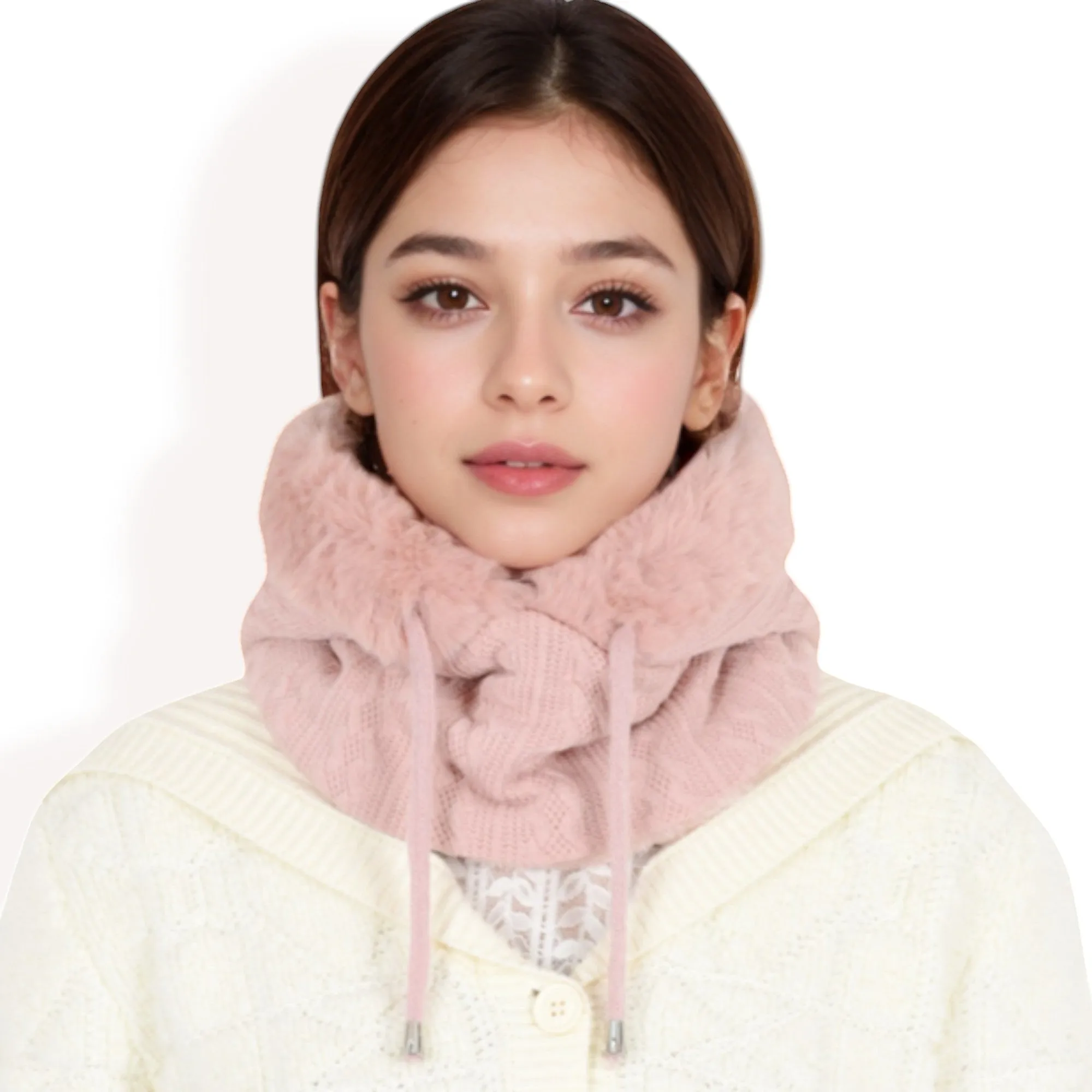 Anna-Kaci Women's Faux Fur Lined Knit Hooded Scarf with Adjustable Drawstring and Full Coverage for Winter Warmth