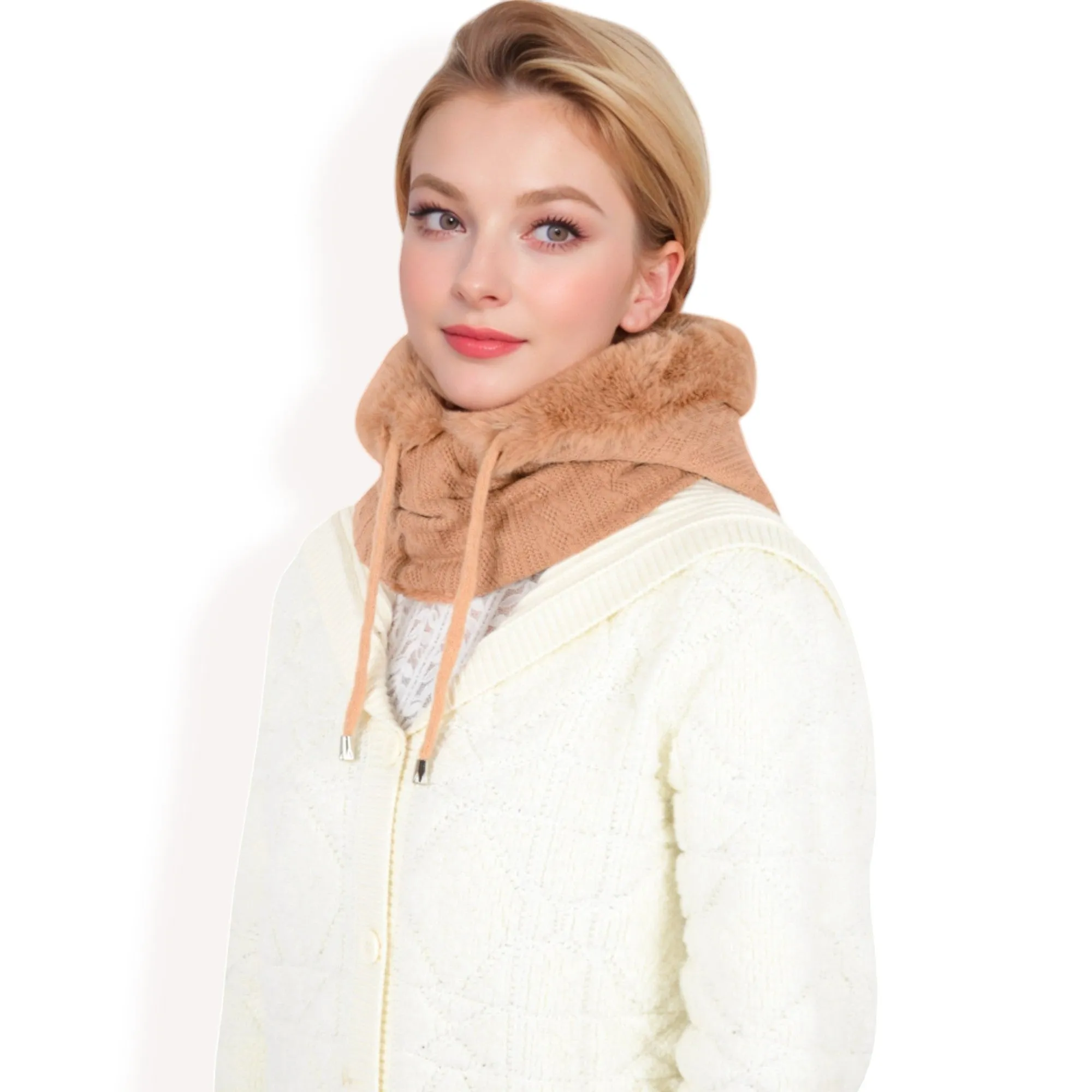 Anna-Kaci Women's Faux Fur Lined Knit Hooded Scarf with Adjustable Drawstring and Full Coverage for Winter Warmth