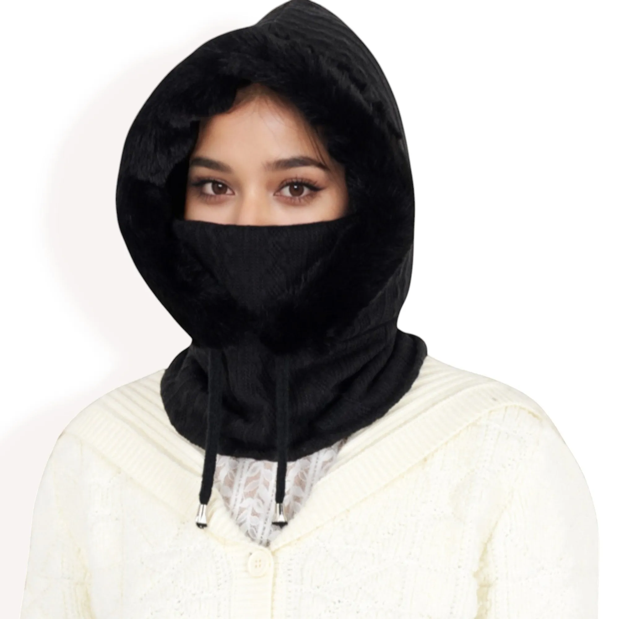 Anna-Kaci Women's Faux Fur Lined Knit Hooded Scarf with Adjustable Drawstring and Full Coverage for Winter Warmth
