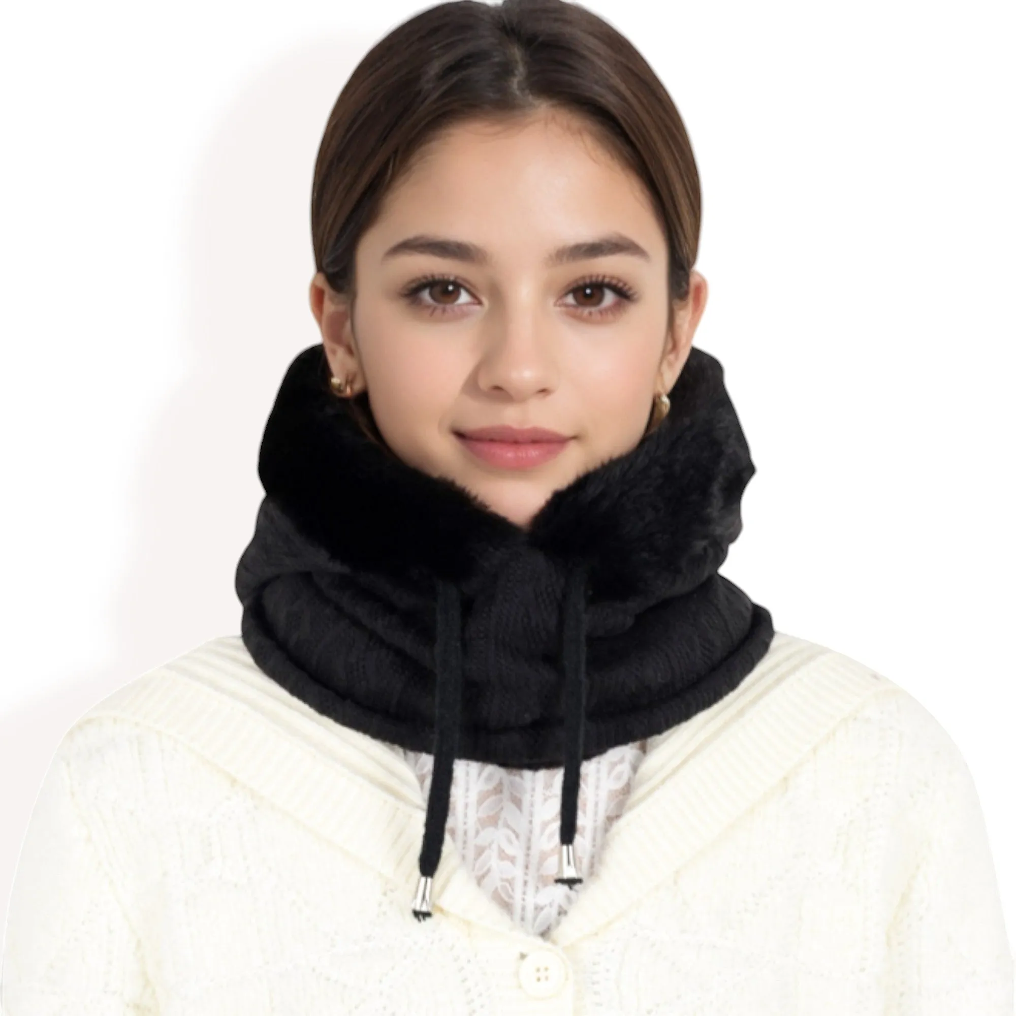 Anna-Kaci Women's Faux Fur Lined Knit Hooded Scarf with Adjustable Drawstring and Full Coverage for Winter Warmth