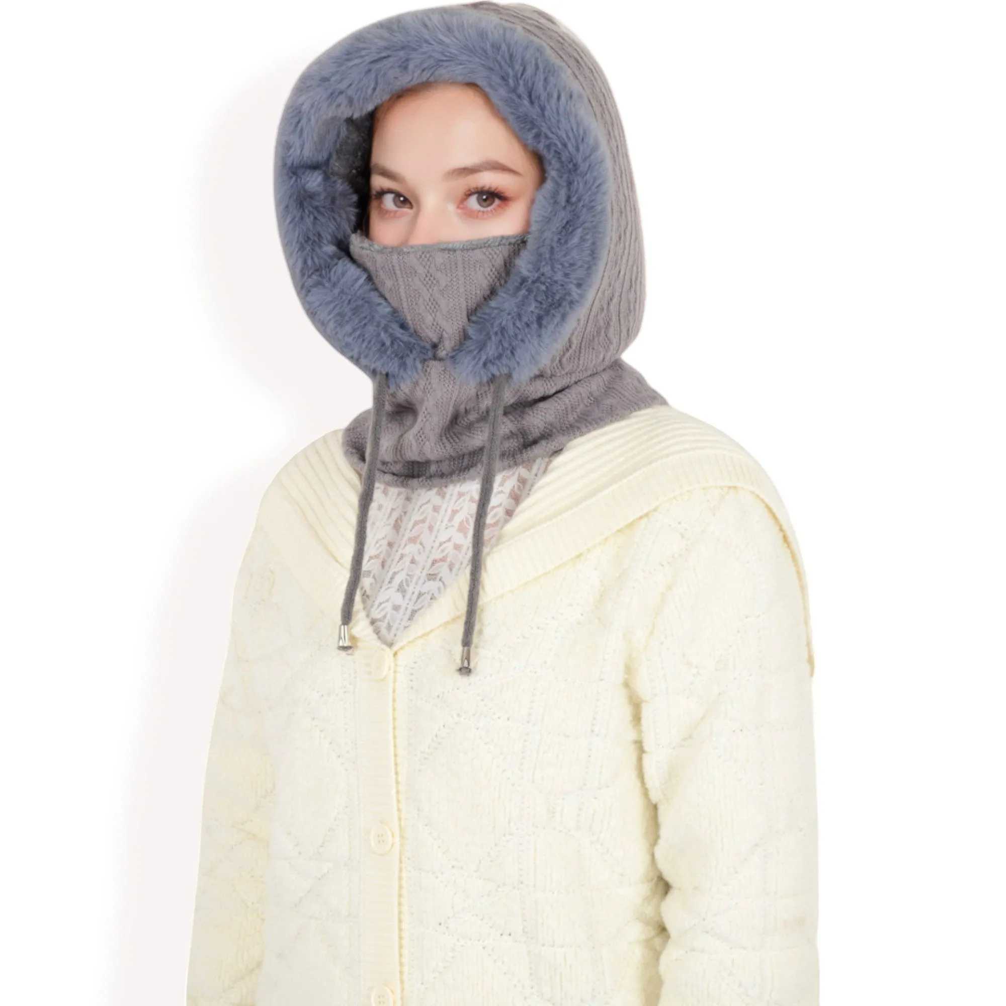 Anna-Kaci Women's Faux Fur Lined Knit Hooded Scarf with Adjustable Drawstring and Full Coverage for Winter Warmth