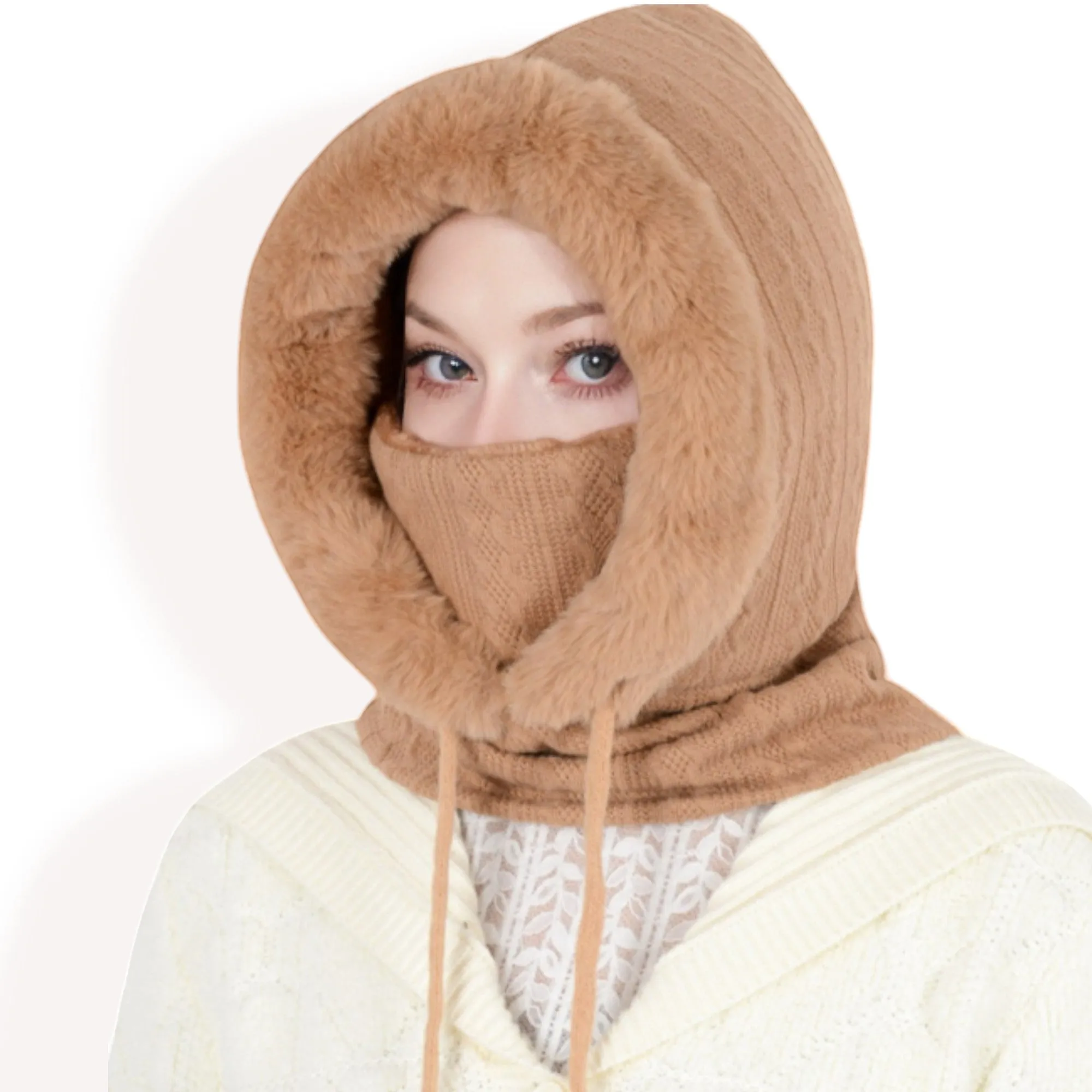 Anna-Kaci Women's Faux Fur Lined Knit Hooded Scarf with Adjustable Drawstring and Full Coverage for Winter Warmth
