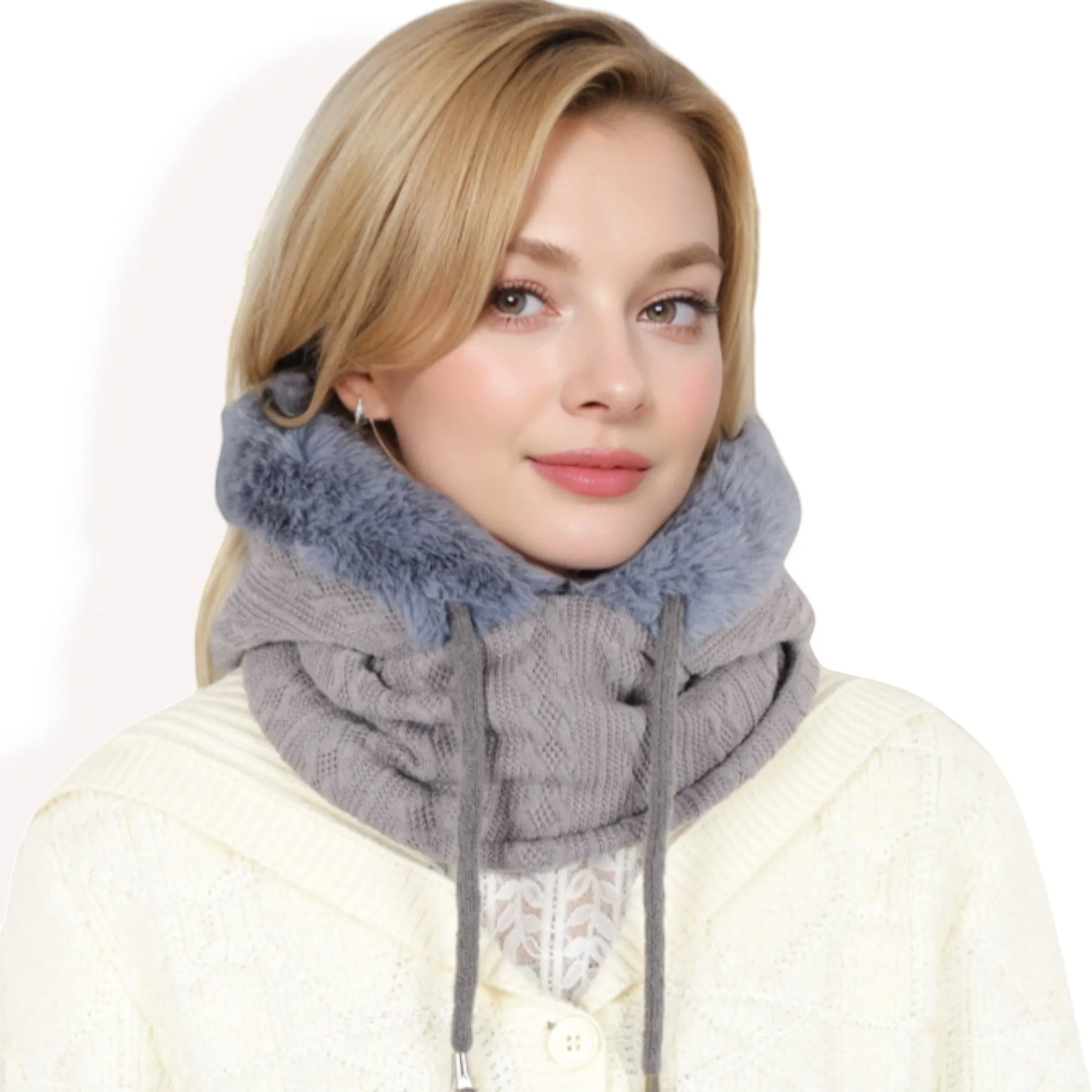 Anna-Kaci Women's Faux Fur Lined Knit Hooded Scarf with Adjustable Drawstring and Full Coverage for Winter Warmth