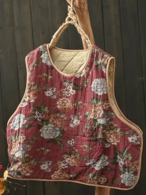 Babakud Women Winter Retro Printed Floral Cotton-Linen Quilted Vest