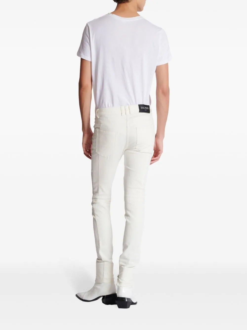 BALMAIN Men's White Biker Denim Jeans