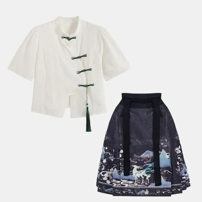 Black Vintage Buckle T-Shirt Pleated Mini Skirt