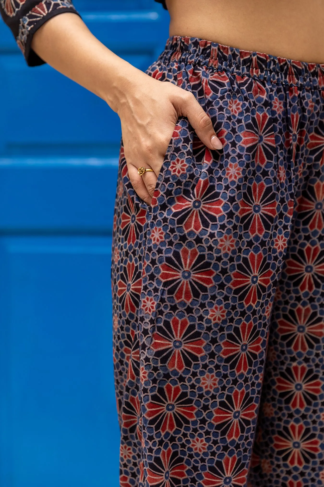 Blue Ajrakh Printed Pants with Elastic Waist