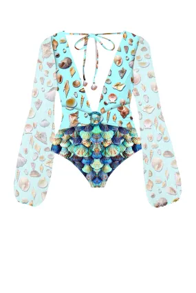 Blue Long Sleeve Bodysuit Womens