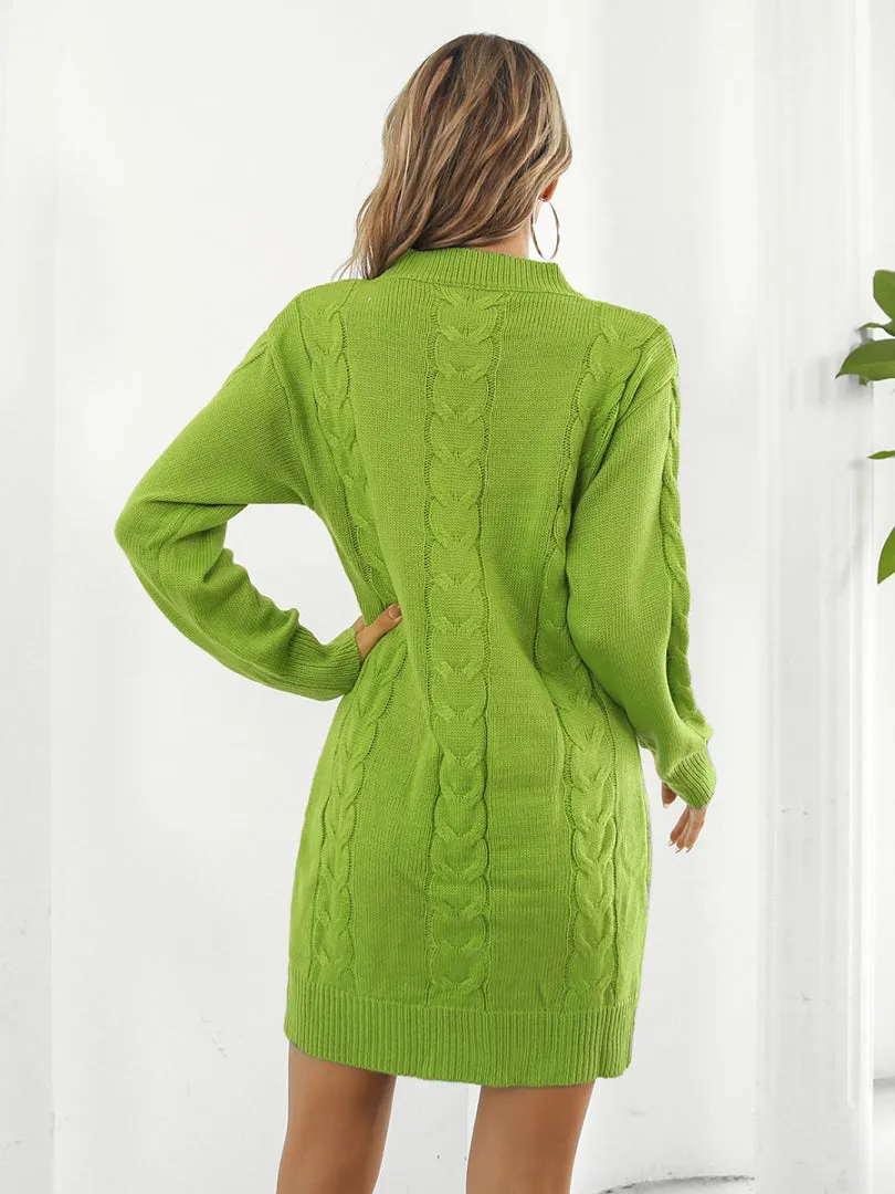 Cable-Knit Round Neck Sweater Dress with Long Sleeves