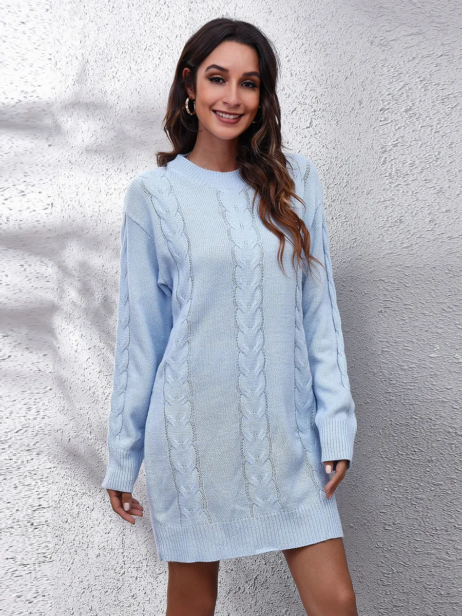 Cable-Knit Round Neck Sweater Dress with Long Sleeves